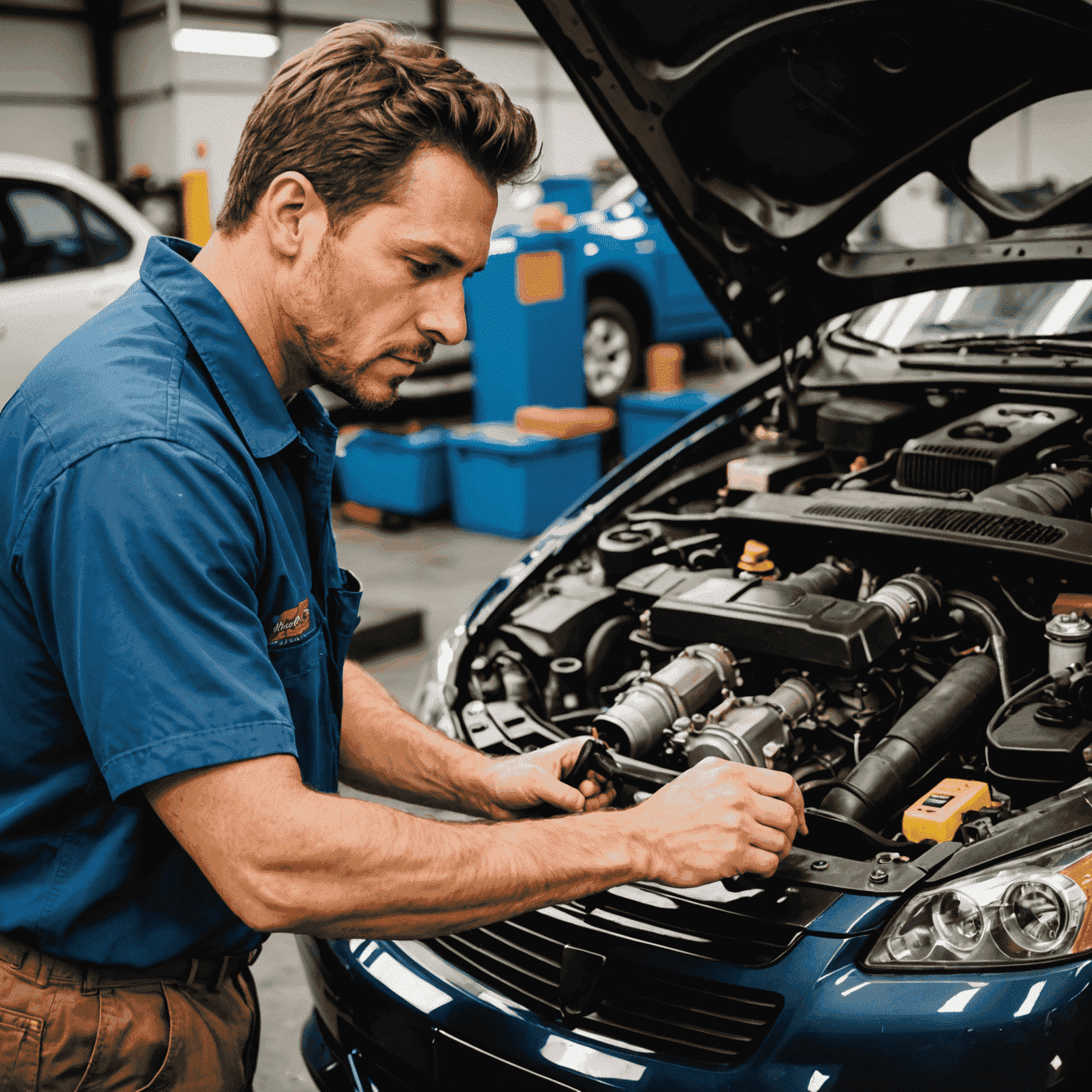 Een monteur die een auto-onderhoud uitvoert, met focus op de motor en essentiële onderdelen.