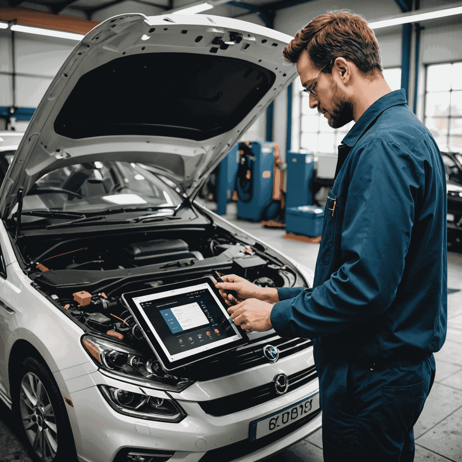 Een moderne autodiagnostiek-tool aangesloten op een voertuig in een professionele werkplaats, met een technicus die de resultaten op een tablet bekijkt