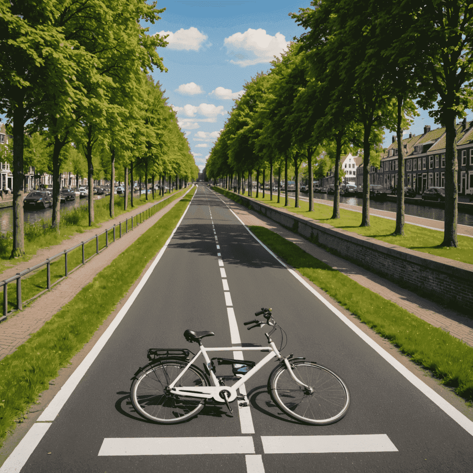 Een typische Nederlandse weg met fietspaden, verkeersborden en een gracht op de achtergrond