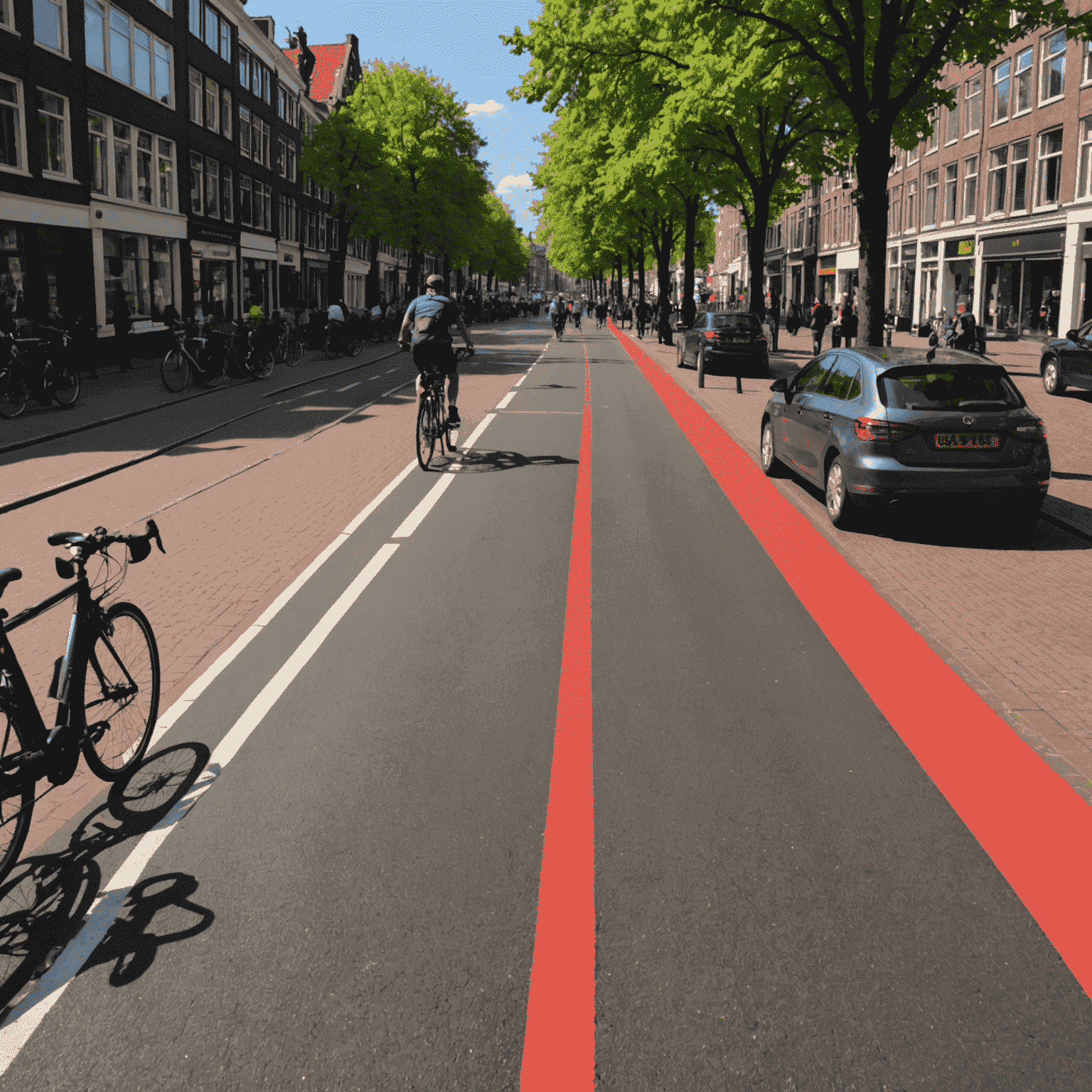 Een druk fietspad in Amsterdam met veel fietsers en een duidelijk gemarkeerd rood wegdek