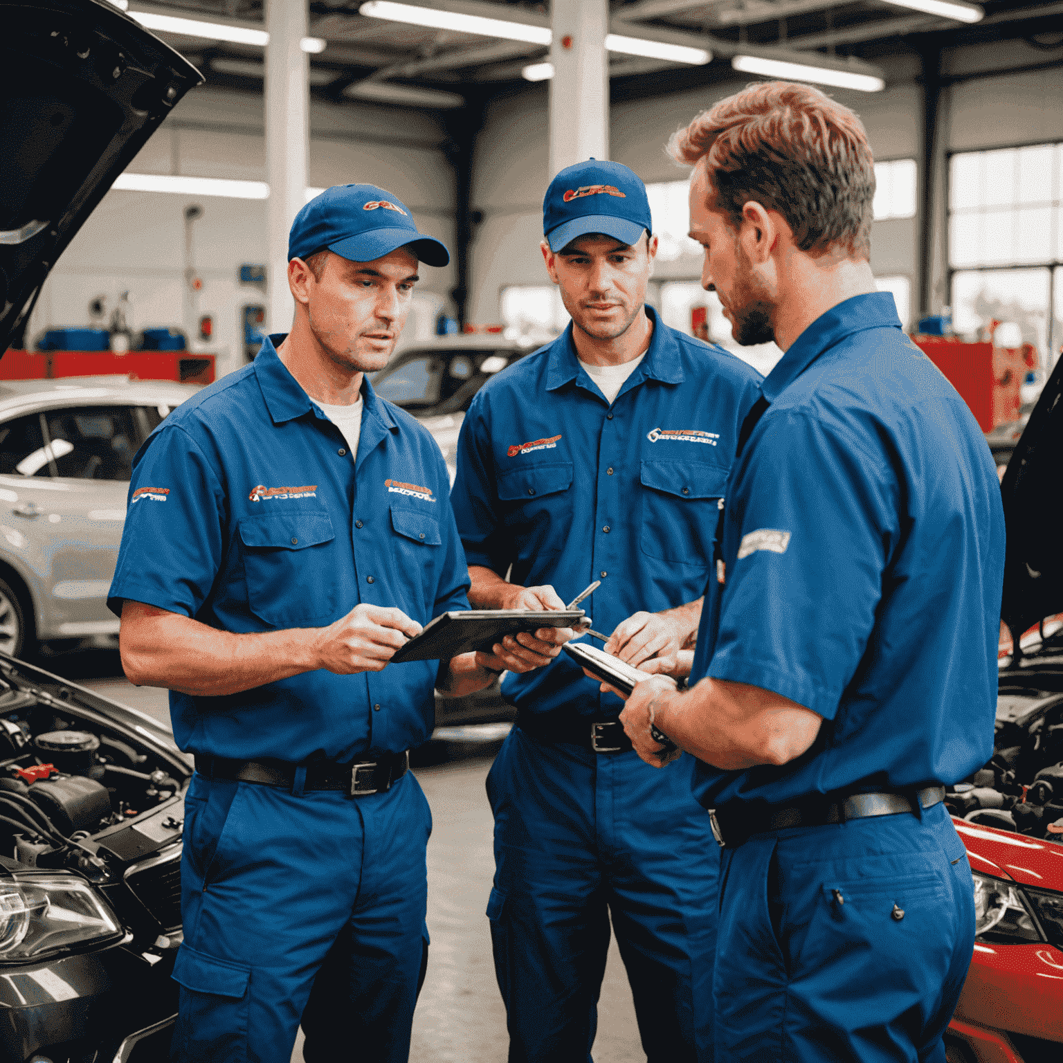 Een RoadPulse monteur die een klant adviseert over het belang van regelmatige olieverversingen, met op de achtergrond geavanceerde diagnostische apparatuur