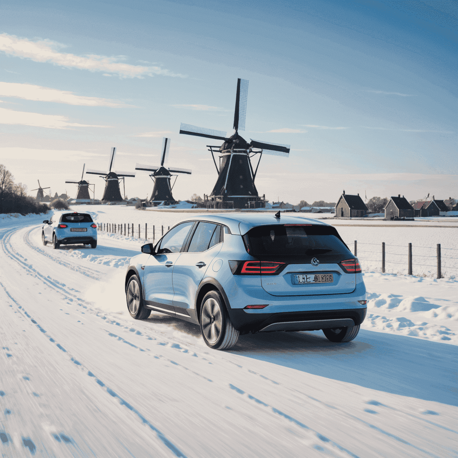 Een elektrische auto die probleemloos door een besneeuwd Nederlands landschap rijdt, met windmolens op de achtergrond