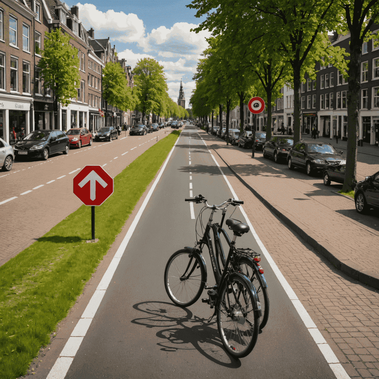 Een typisch Nederlands verkeersbeeld met fietspaden, verkeersborden en een gracht op de achtergrond