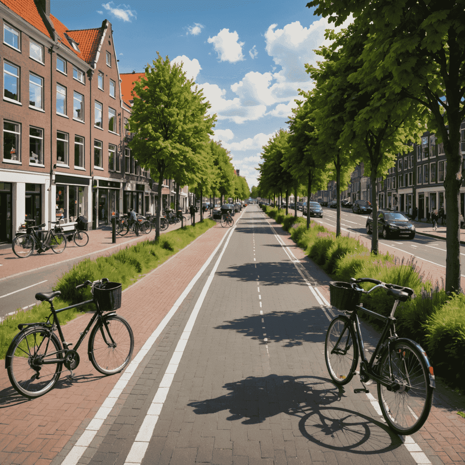 Een typisch Nederlands verkeersbeeld met fietspaden, verkeersborden en een gracht op de achtergrond.